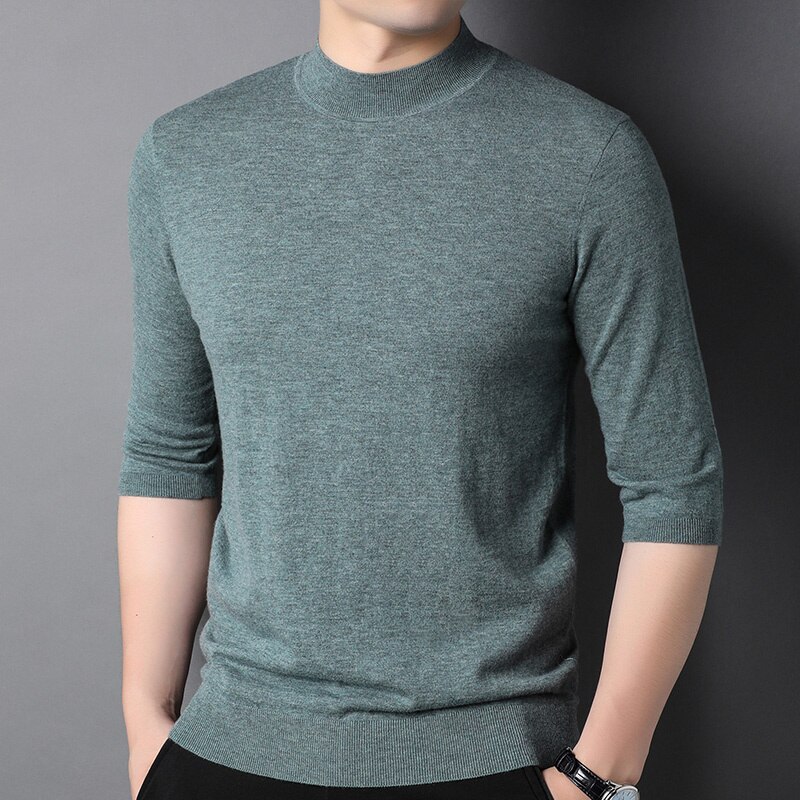 Men&s Three-Quarter Sleeve Pure Wool Half Turtleneck Spring and Summer Lightweight Soft Breathable Knitted Top